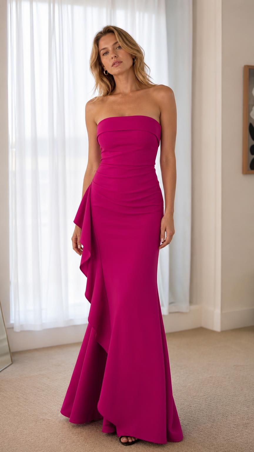 Front view of model wearing fuchsia strapless mermaid evening dress