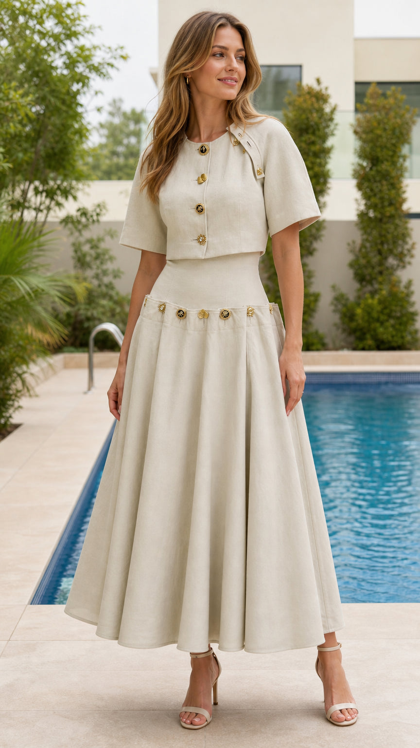 Front view of woman wearing beige button-detailed crop top and midi skirt set by pool