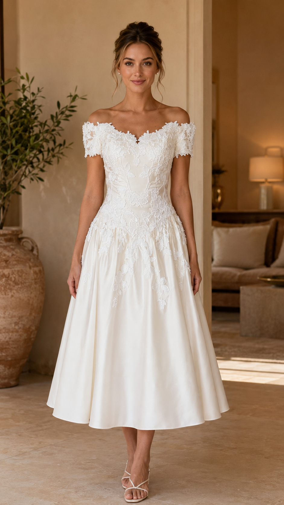 Front view of white off-shoulder lace midi A-line dress