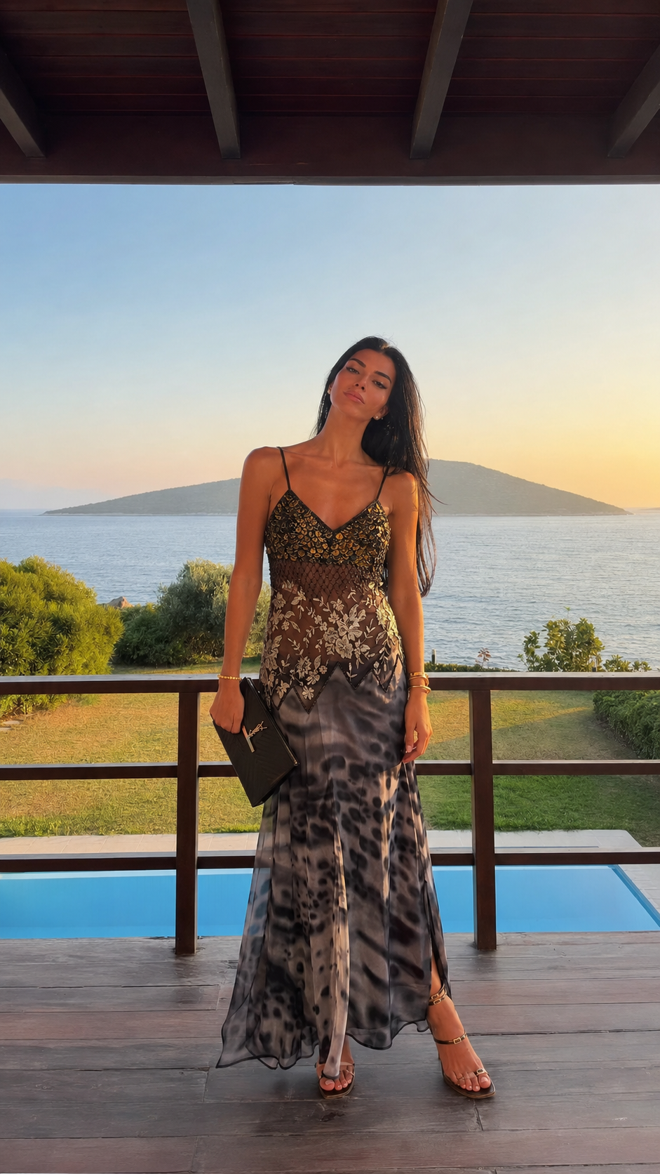 Front view of charcoal printed lace-panel spaghetti strap maxi dress