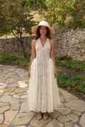 Front view of Cream Halter Lace Maxi Dress with sunhat