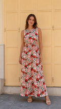 Front view of woman wearing white floral maxi dress