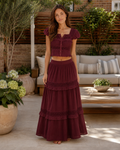Wine lace-trim puff sleeve crop top with matching tiered maxi skirt front view