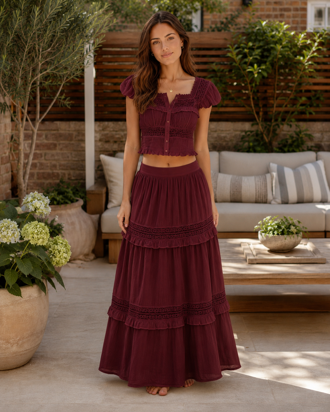 Wine lace-trim puff sleeve crop top with matching tiered maxi skirt front view