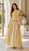 Front view of yellow plaid sleeveless smocked maxi dress with ruffle hem detail
