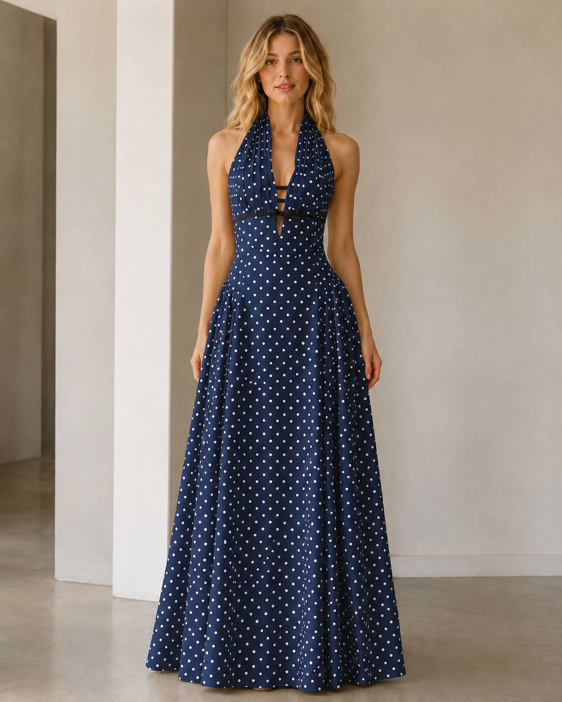 Front view of navy polka dot halter backless maxi dress