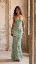 Front view of sage embroidered lace mermaid maxi dress with slim straps