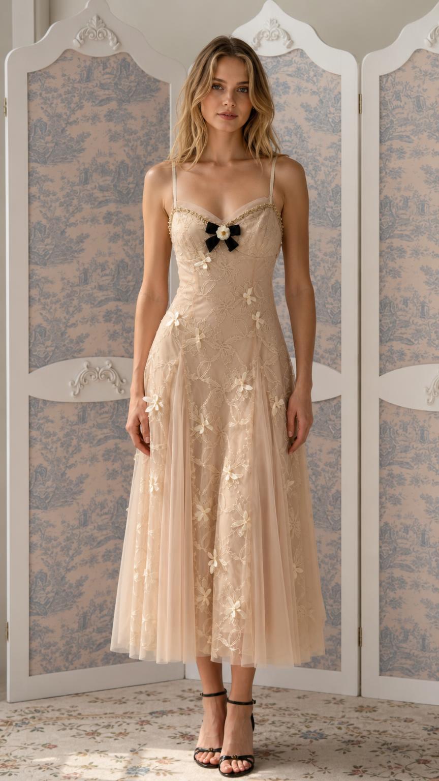 Front view of Champagne floral embroidered tulle midi dress