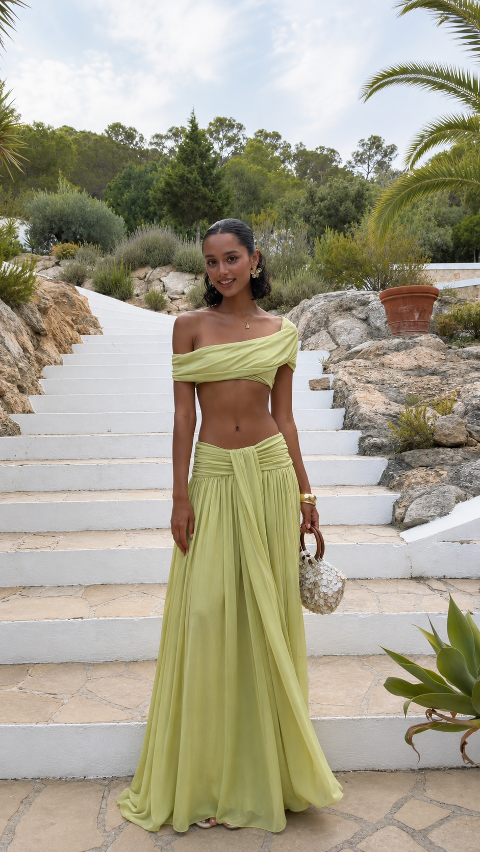 Front view of pistachio off-shoulder crop top and flowing maxi skirt two piece set