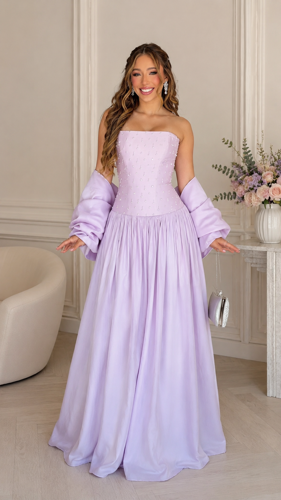 Front view of lavender strapless beaded bodice maxi gown with matching shawl