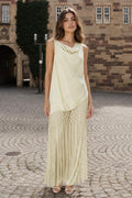 Model wearing Champagne Elegance Fringe Hem Cowl Neck Maxi Dress front view