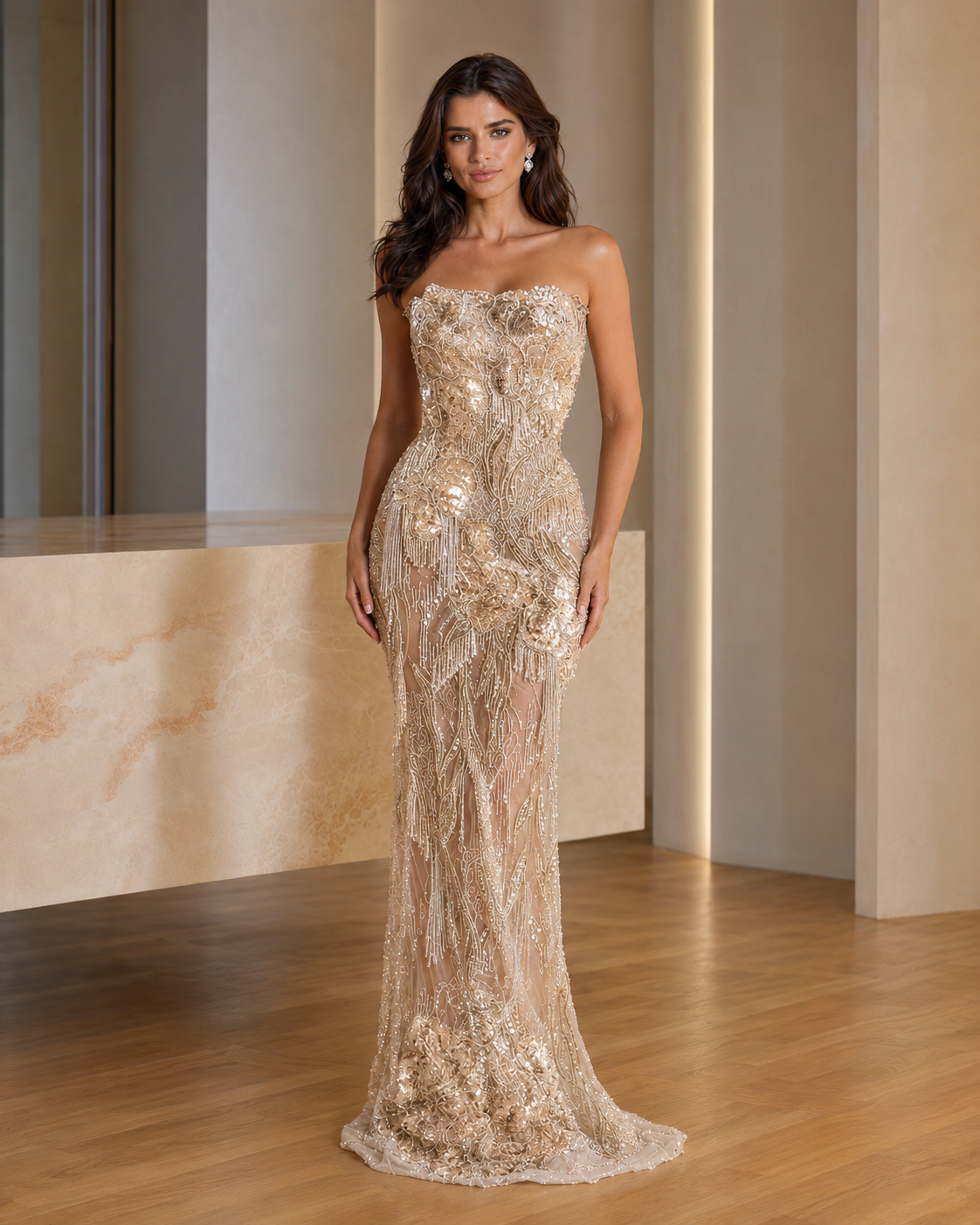 Champagne strapless sequin embroidered mermaid evening gown front view