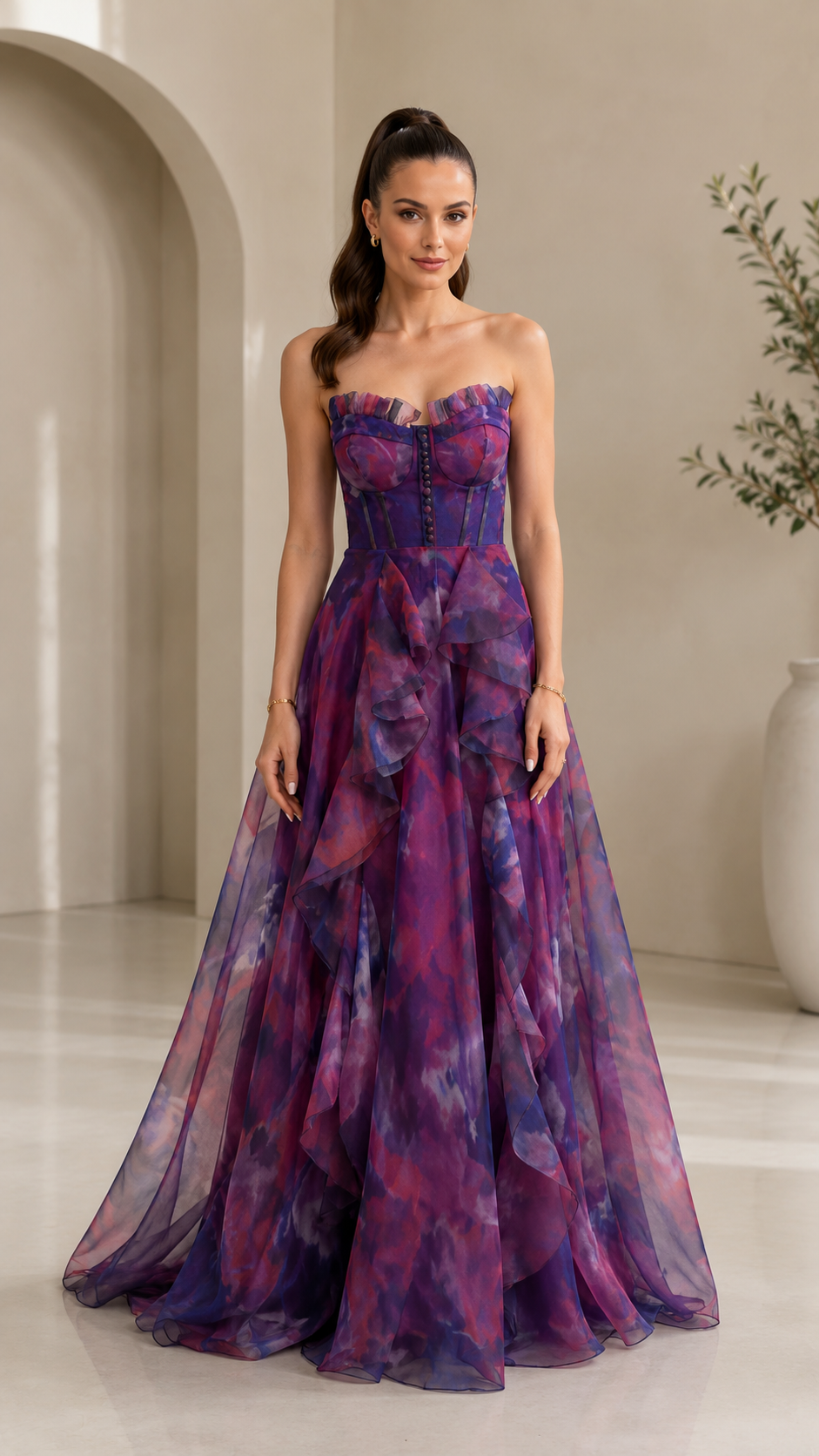 Front view of purple printed strapless corset evening gown with cascading ruffle skirt