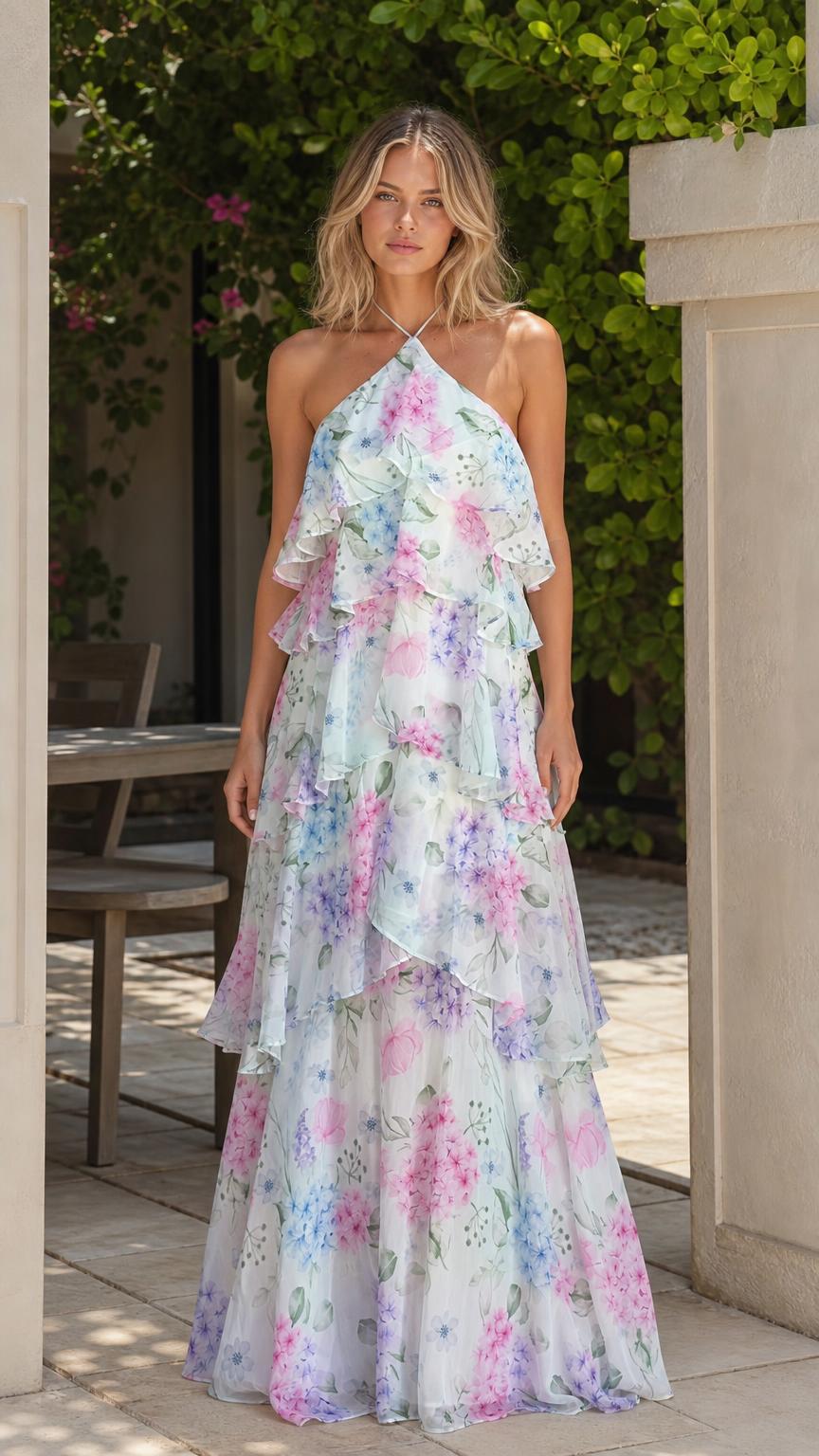 Model wearing white multi floral halter tiered ruffle maxi dress from front