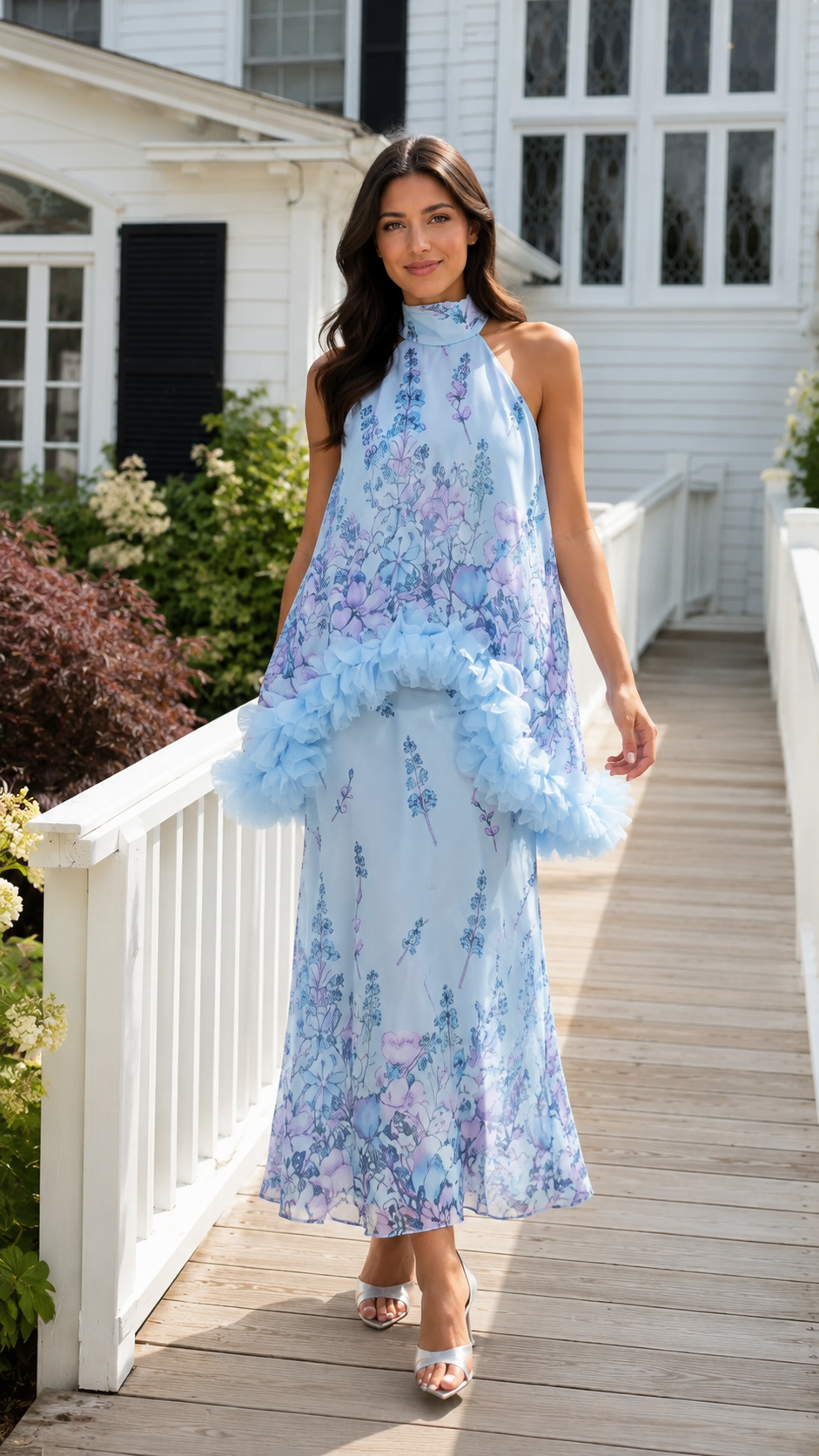 Powder blue floral halter maxi dress with textured ruffle trim front view
