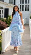 Powder blue floral halter maxi dress with textured ruffle trim front view
