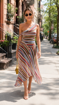 Front view of multicolor striped one-shoulder asymmetrical midi dress