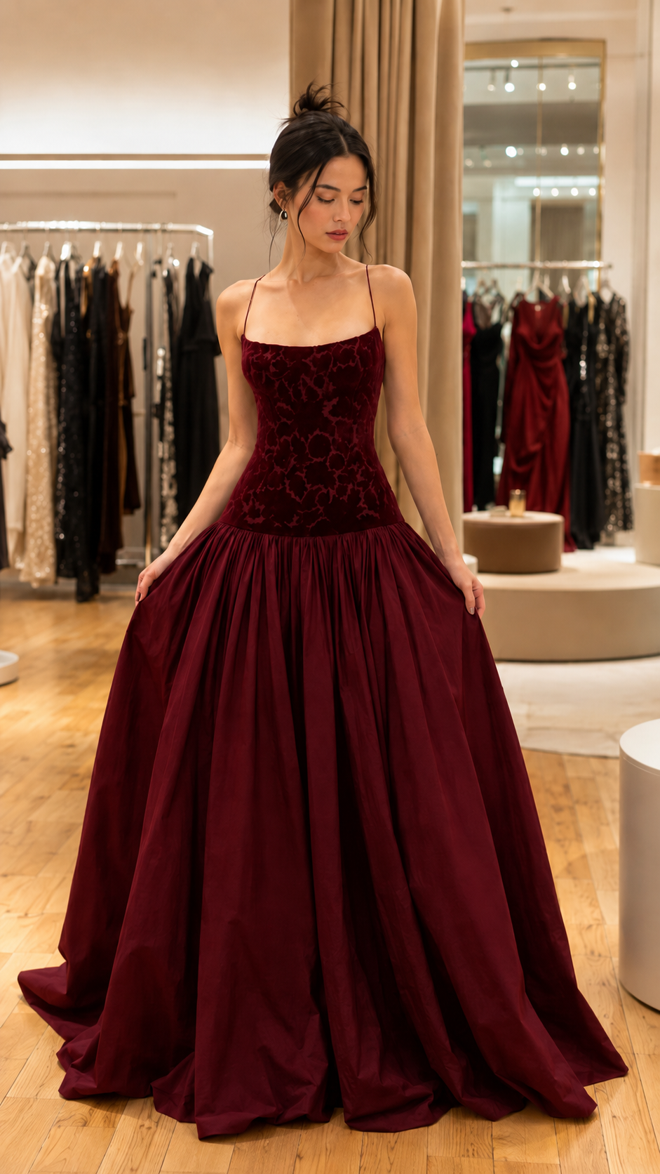 Burgundy formal ball gown with textured bodice, spaghetti straps, and full floor-length skirt front view