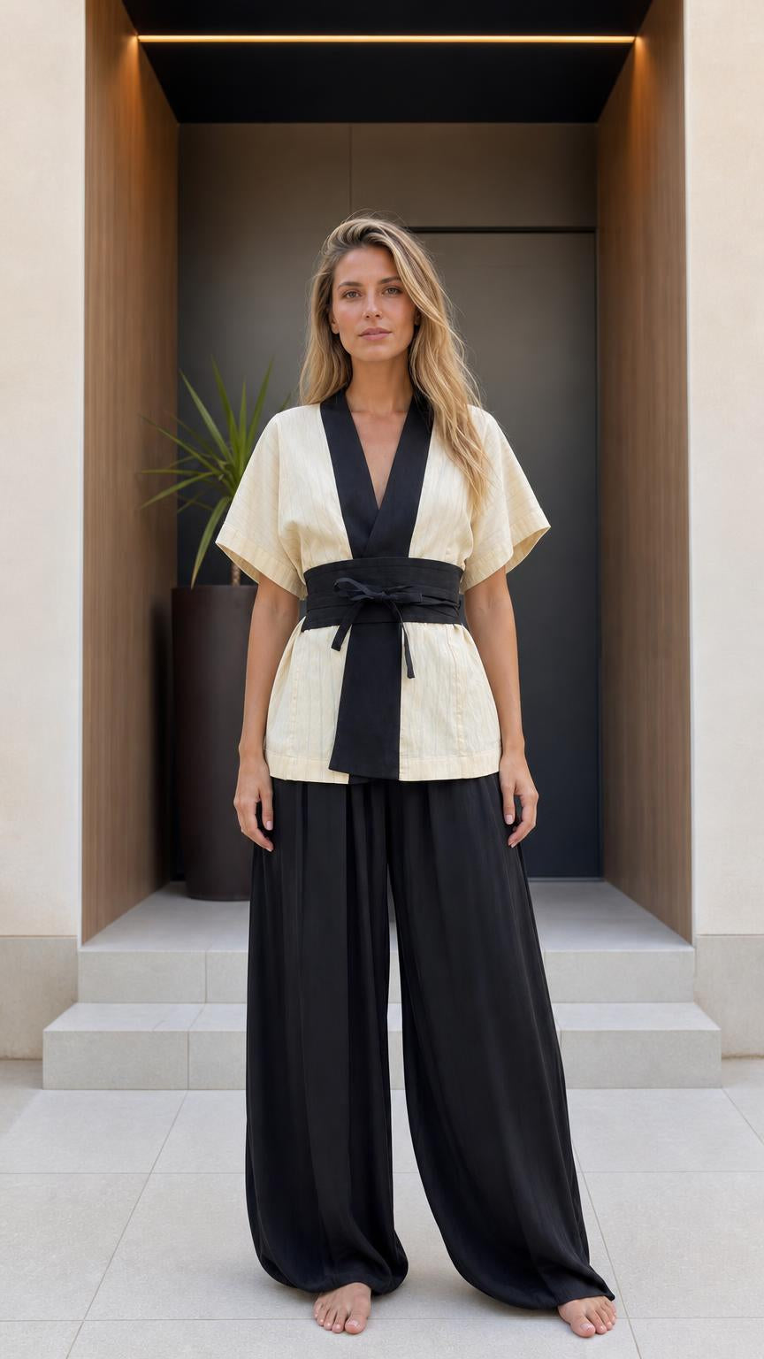 Front view of woman wearing beige kimono top and black wide-leg pants set