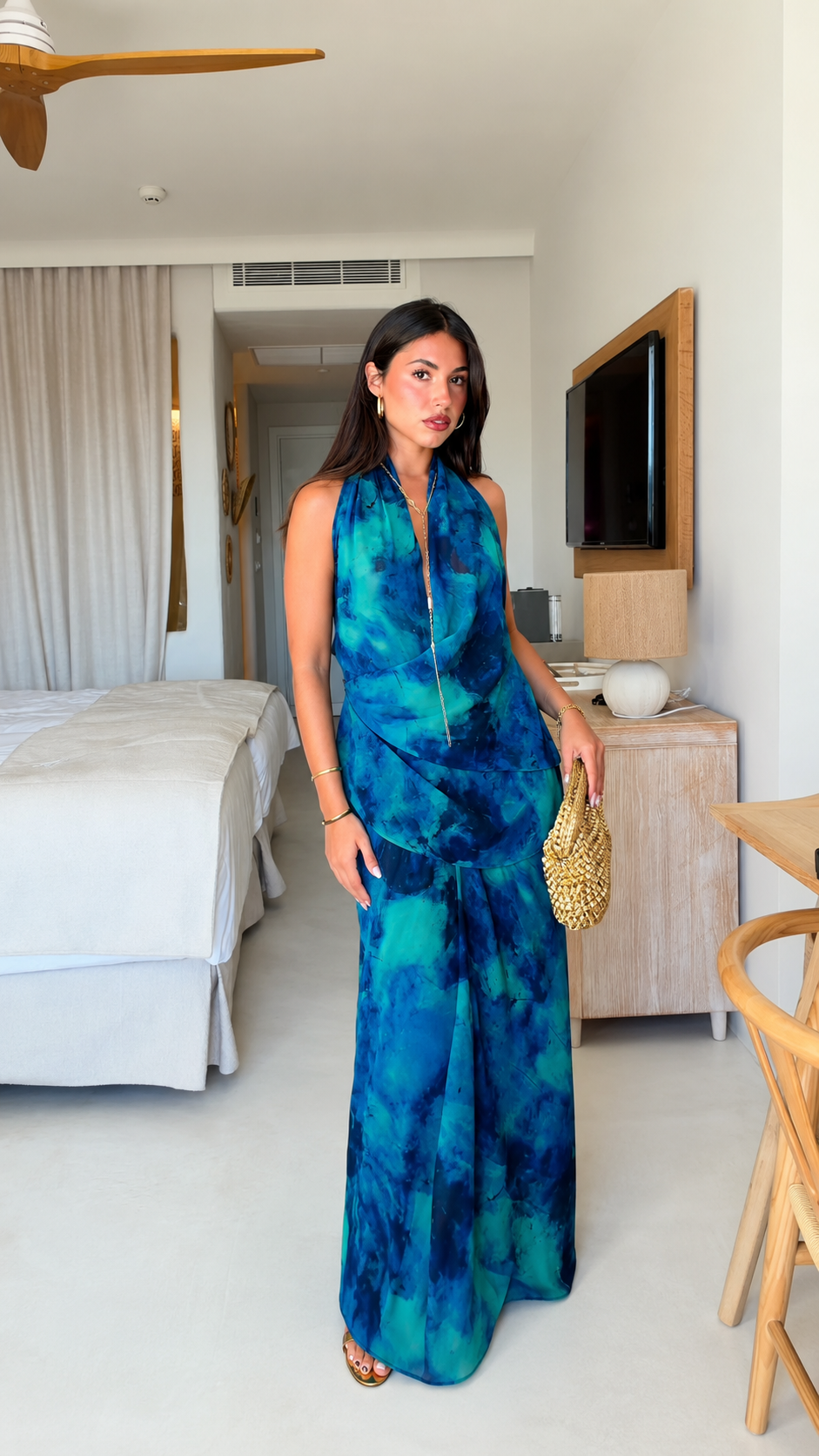 Blue tie-dye halter open-back maxi dress front view with draped bodice
