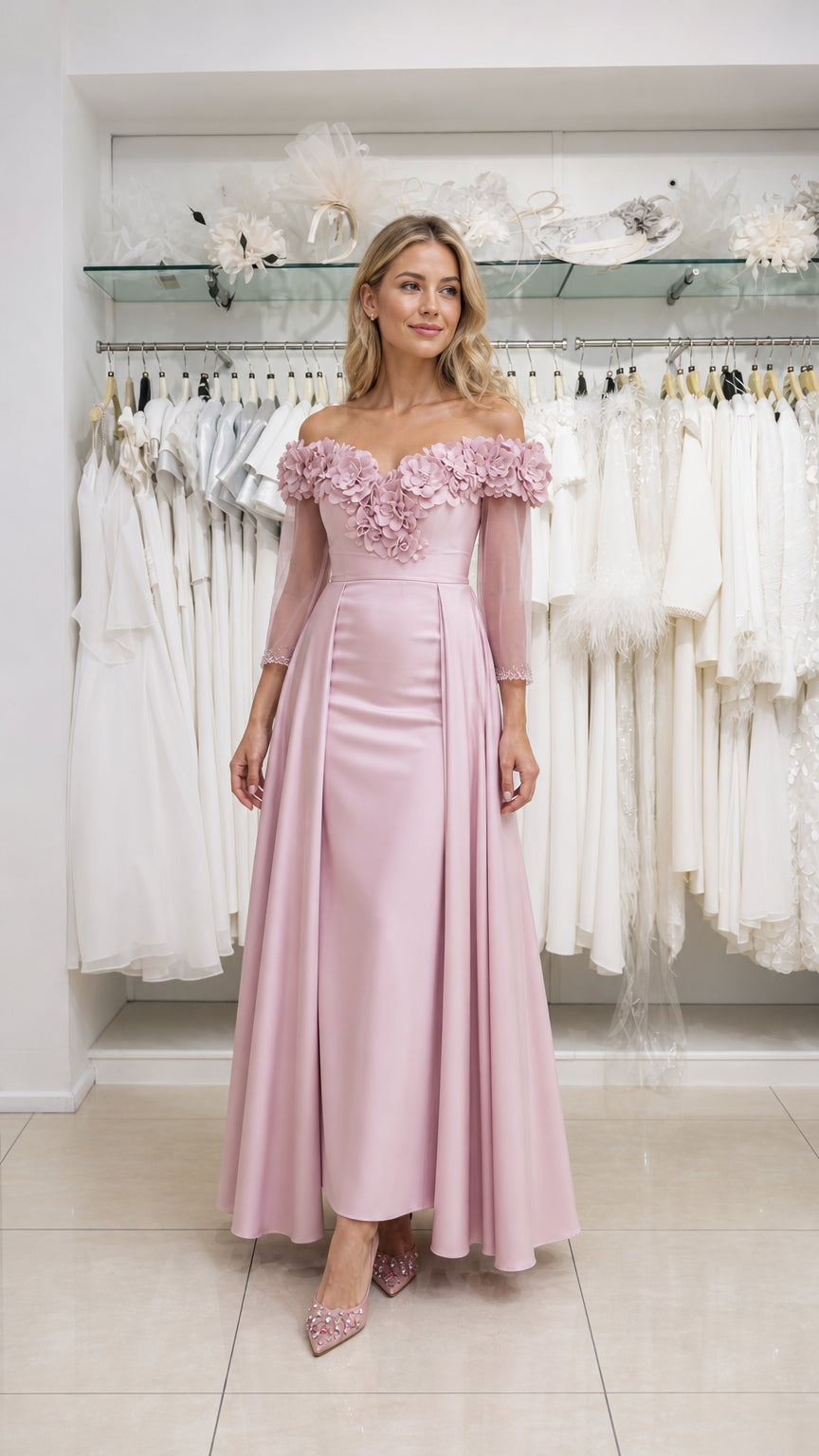 Model wearing pink off-the-shoulder evening dress, front view