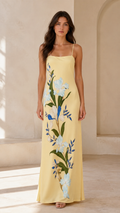 Front view of butter yellow floral print satin-look slip maxi dress