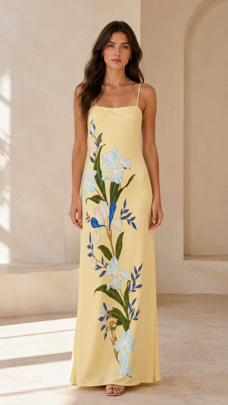 Front view of butter yellow floral print satin-look slip maxi dress
