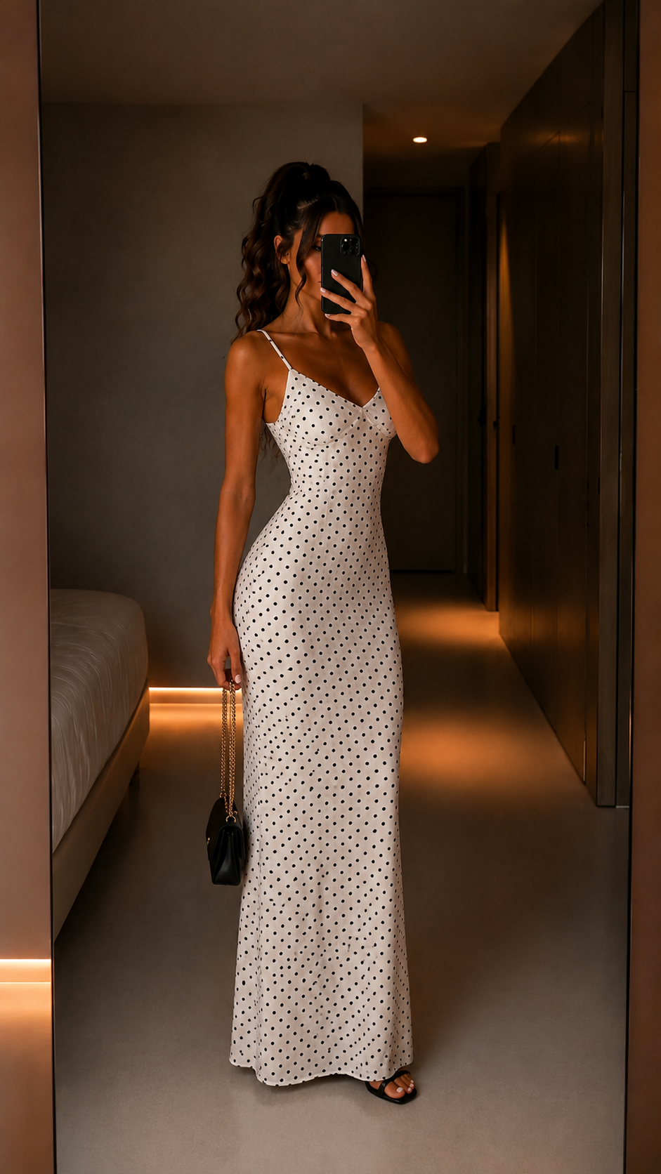 White polka dot spaghetti strap bodycon maxi dress front view