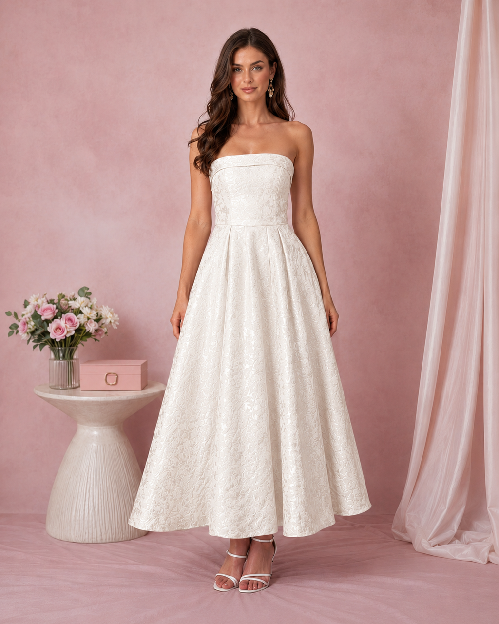 Front view of ivory strapless jacquard A-line midi dress