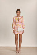 Front view of model wearing pink baroque print mini dress