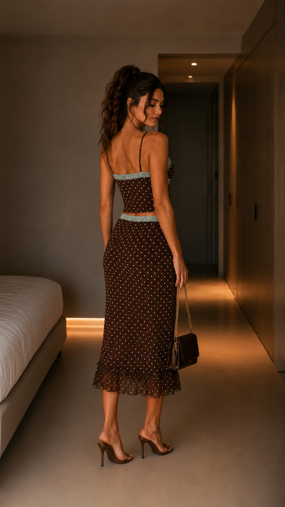 Back view of chocolate brown polka dot cami top and midi skirt set with contrast trim and ruffle hem