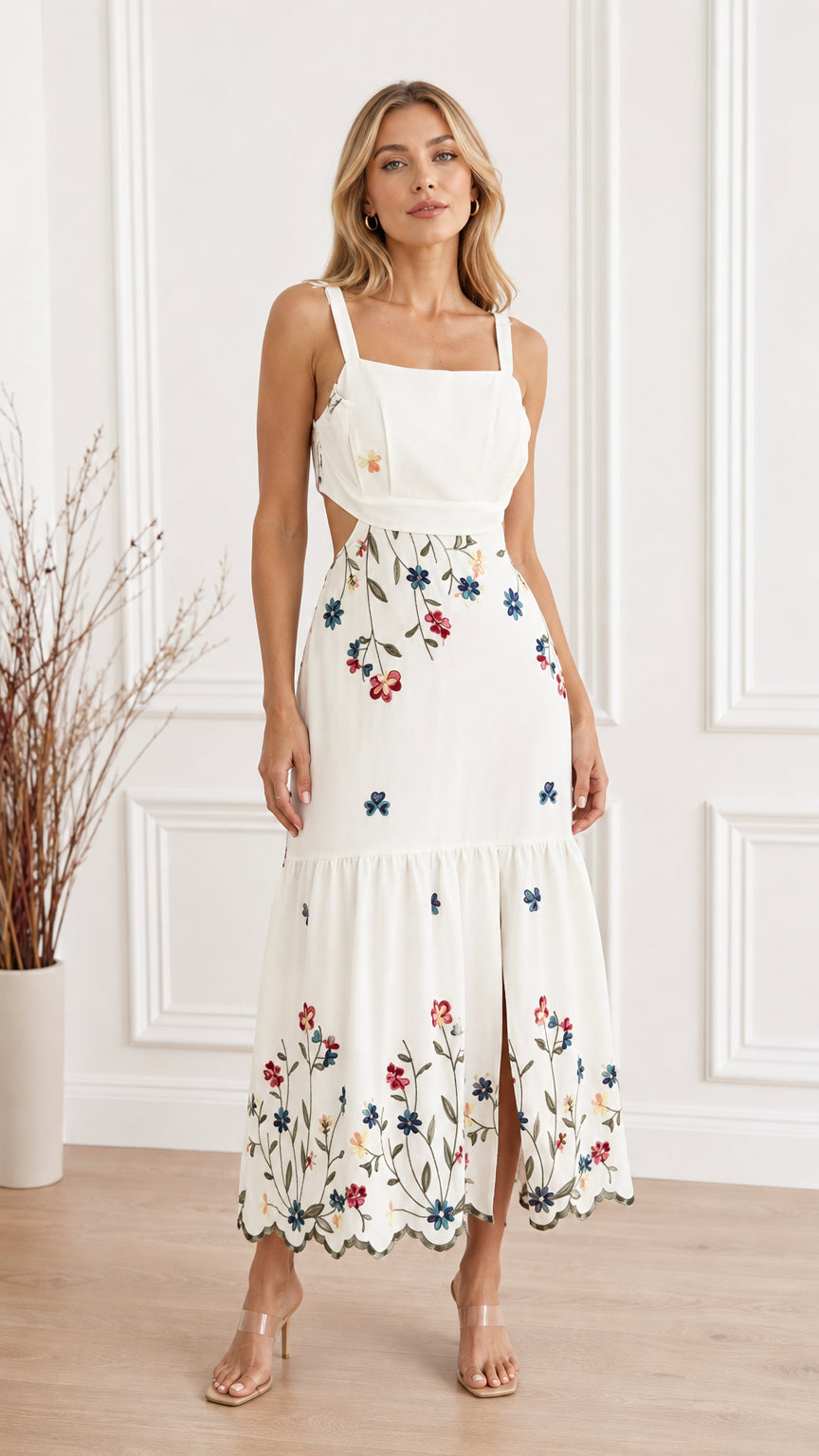 Front view of White Floral Embroidered Cutout Square Neck Maxi Dress