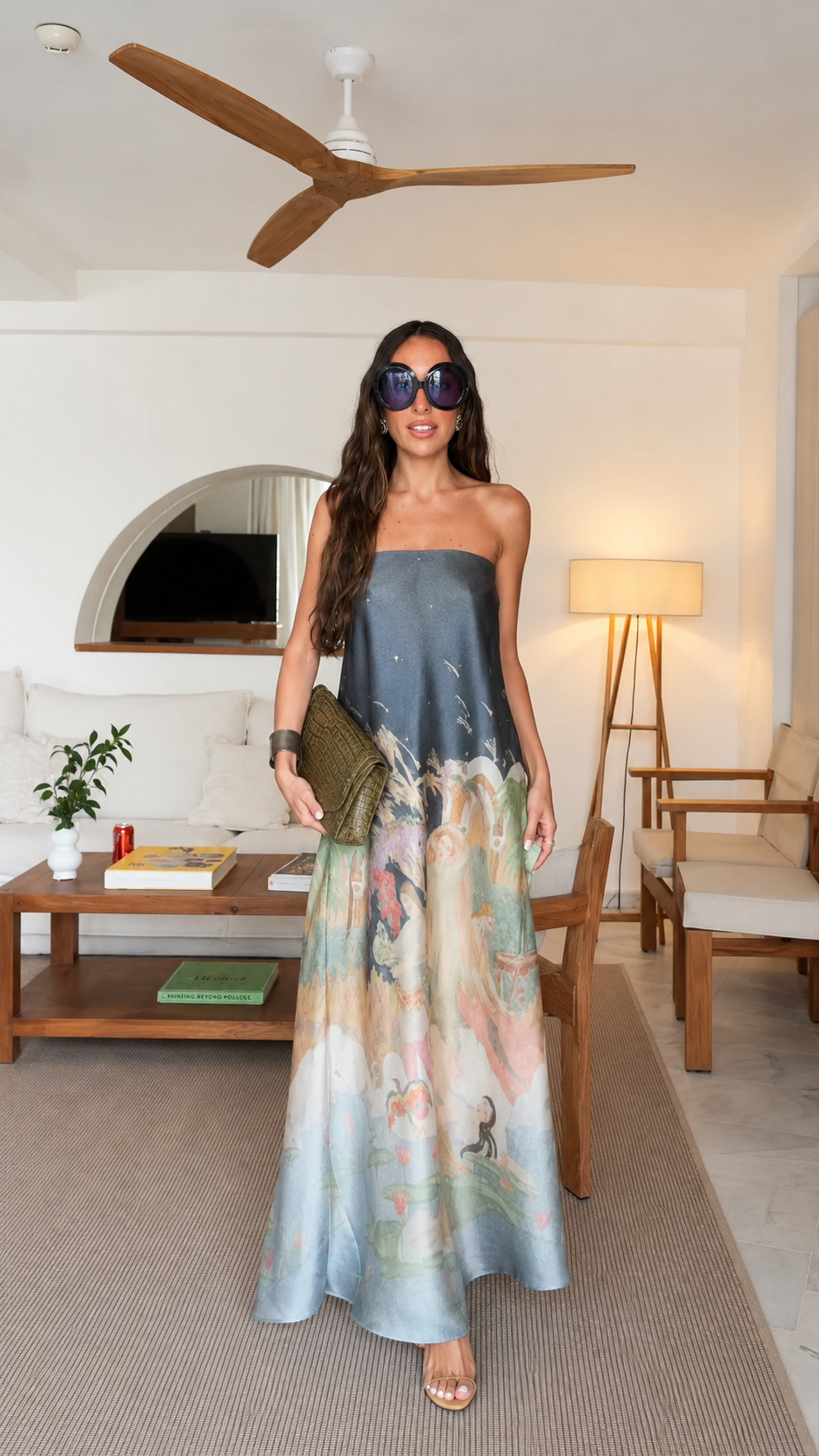 Front view of slate blue strapless printed satin-look maxi dress