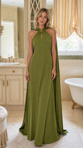 Front view of olive green halter neck maxi dress with cape