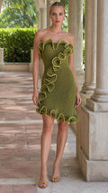Model wearing olive green strapless ruffle crochet mini dress from the front