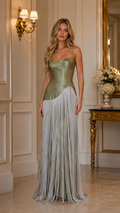 Front view of sage satin-look corset maxi dress with silver-toned fringe hem