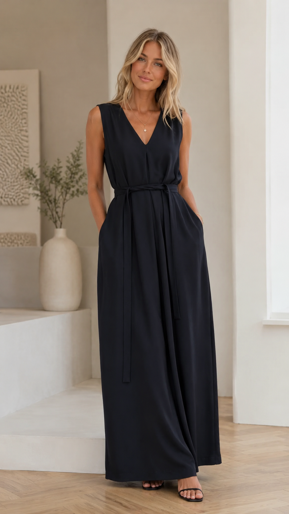 Front view of black sleeveless V-neck belted maxi dress with pockets