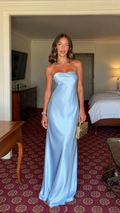 Front view of sky blue strapless satin-look maxi dress