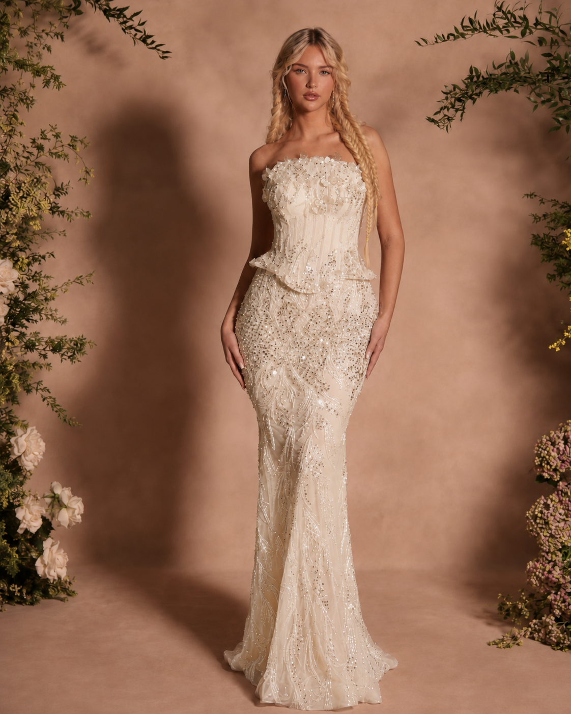 Ivory strapless embellished mermaid gown with floral bodice and floor-length silhouette