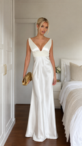 Front view of ivory satin-look deep V maxi evening dress with wide straps