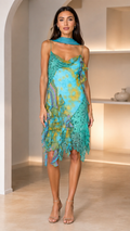 Front view of turquoise asymmetrical ruffle lace cowl neck midi dress with matching scarf