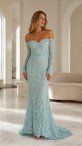 Front view of model wearing sage off-the-shoulder lace mermaid evening gown