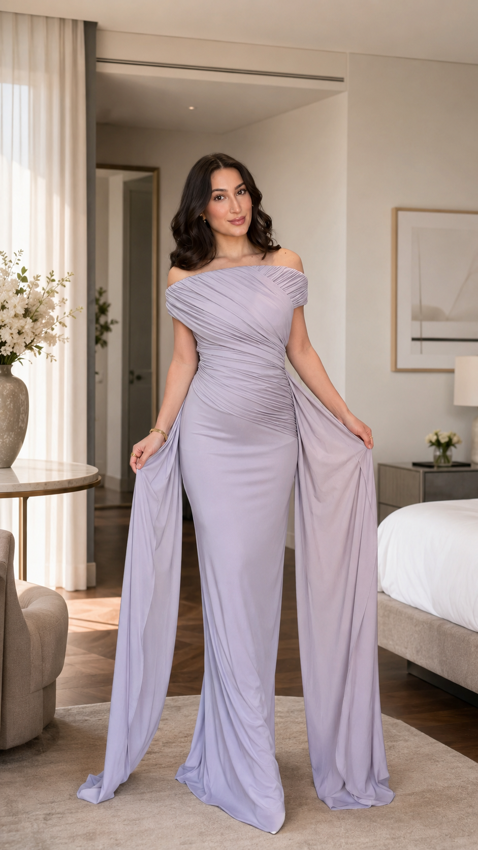 Lavender off shoulder ruched evening gown with floor-length draped sleeves front view