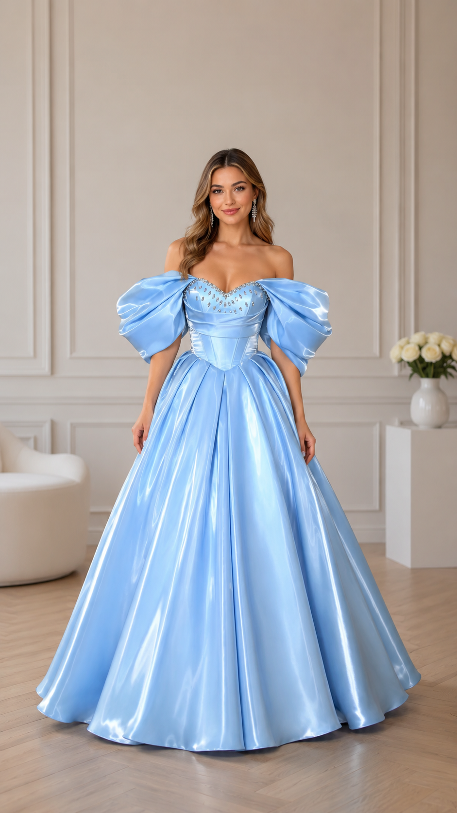 Front view of sky blue off-shoulder puff sleeve satin-look ball gown