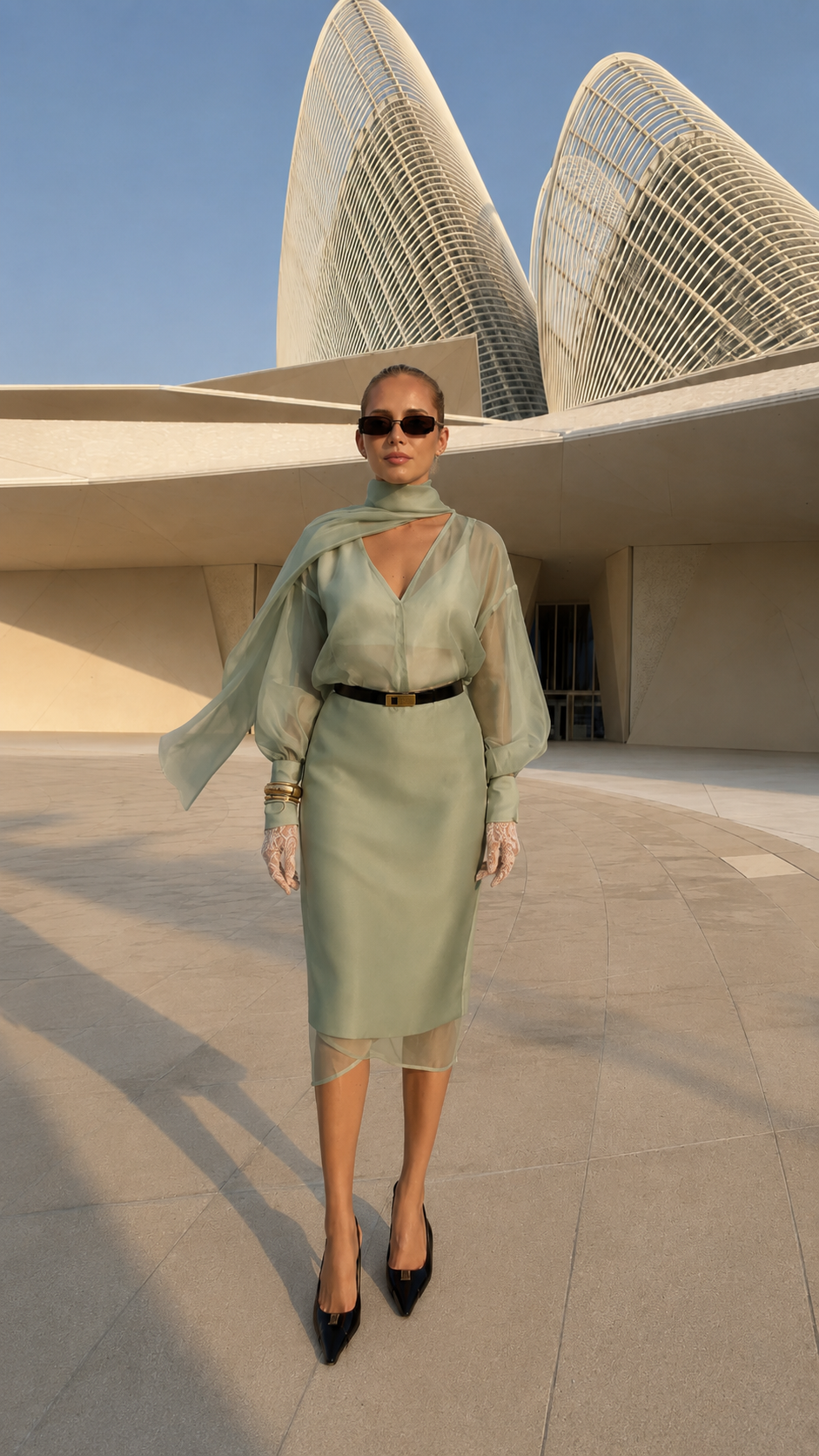 Model wearing sage sheer sleeve scarf neck belted midi dress
