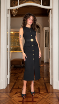 Front view of black sleeveless belted button-front midi dress with gold-tone buttons and flap pocket detail