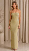 Champagne glitter knit maxi dress with beaded straps and straight neckline front view