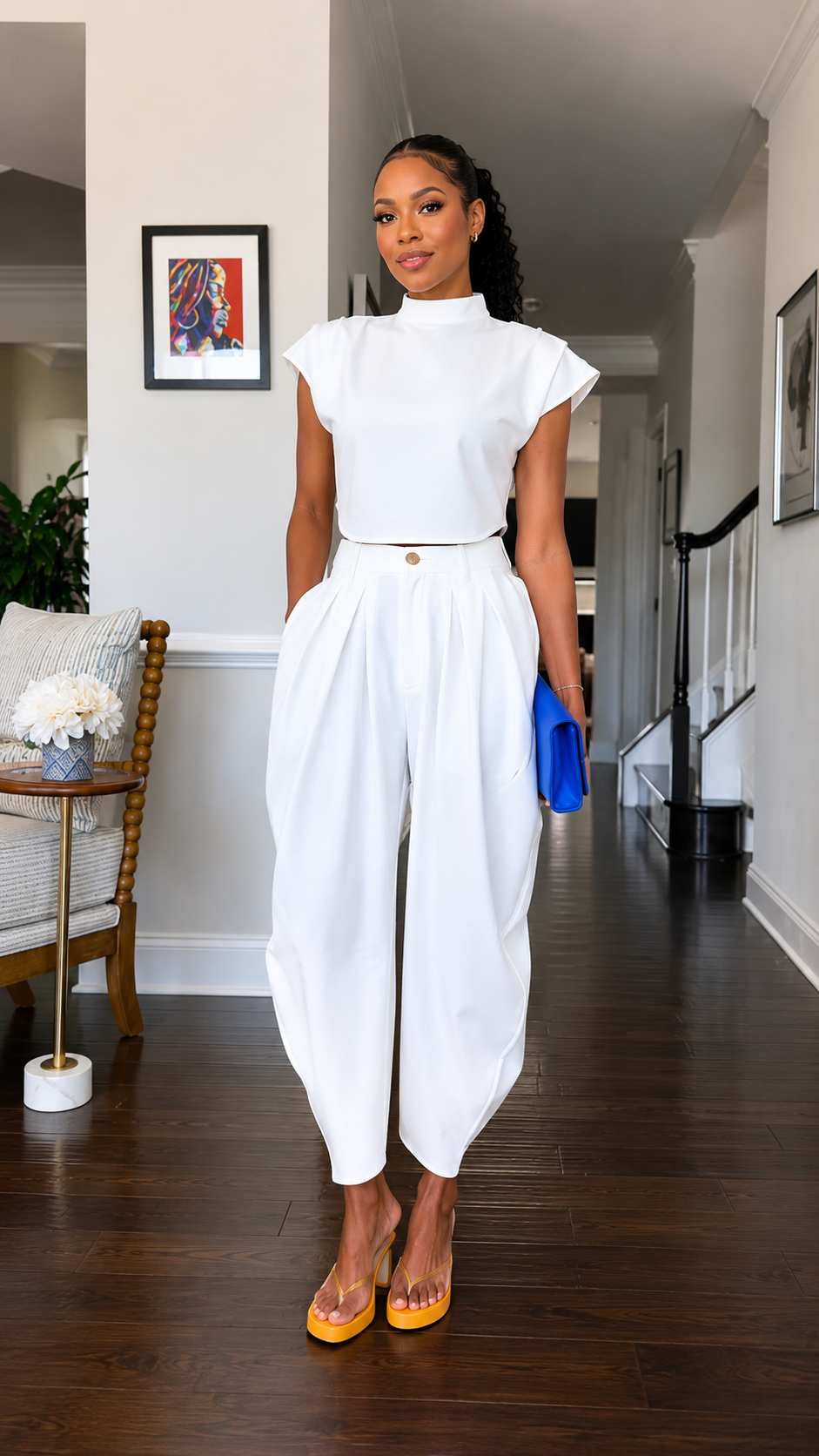 Front view of white mock neck cap sleeve harem jumpsuit with defined waist and tapered legs