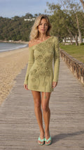 Front view of model wearing Sage Green one-shoulder knit mini dress