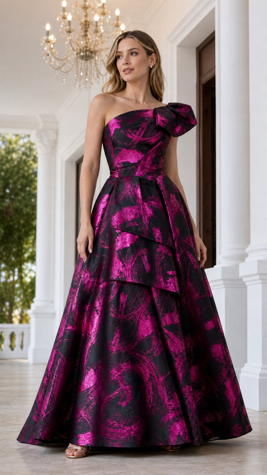 Front view of model wearing fuchsia one-shoulder metallic ball gown